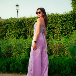 Deep Lavender Hand-Embroidered Corset with Sheer Wide-Leg Pants – Fezara