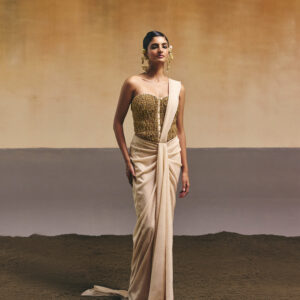 Cream and Gold Titch Button Embroidered Corset with Stitched Saree