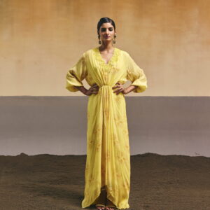 Yellow Dragonfly Printed Rushed Kaftan