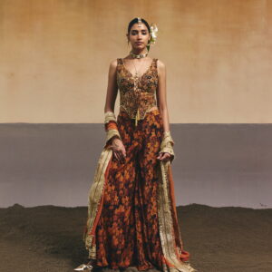 Mustard Floral Printed Corset with Sharara Pants