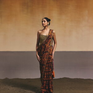 Mustard Floral Printed Saree with Titch Button Corset