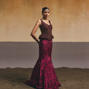 Burgundy Scallop Printed Fish Cut Skirt with Corset Top