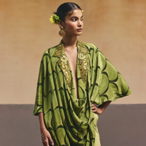 Green Scallop Printed Blazer Cut Kaftan Top
