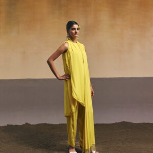 Yellow Plain Stole Attached Kurta Set