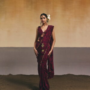 Burgundy Scallop Printed Saree Set
