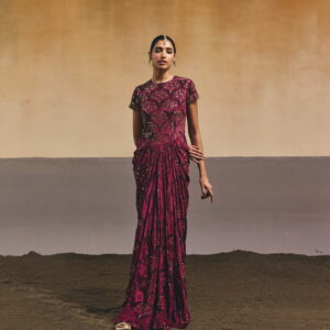 Burgundy Scallop Printed Cowl Pleated Maxi Dress