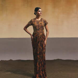Mustard Floral Printed Pleated Maxi Dress