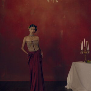 Burgundy Silk Skirt with Titch Button Corset Top